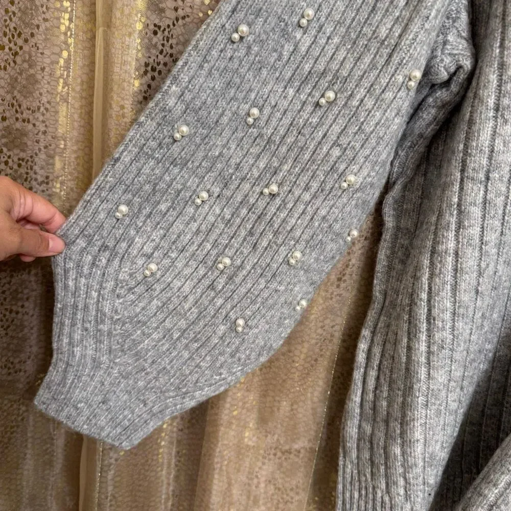 Lane Bryant Light Gray Ribbed Pearl Embellished-Sleeve Sweater 26/28 4X NWT